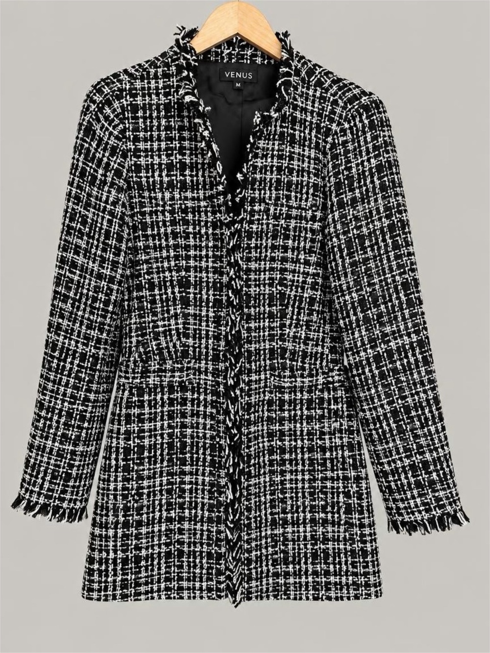 VENUS Black and White Tweed Fringe-Trim Blazer